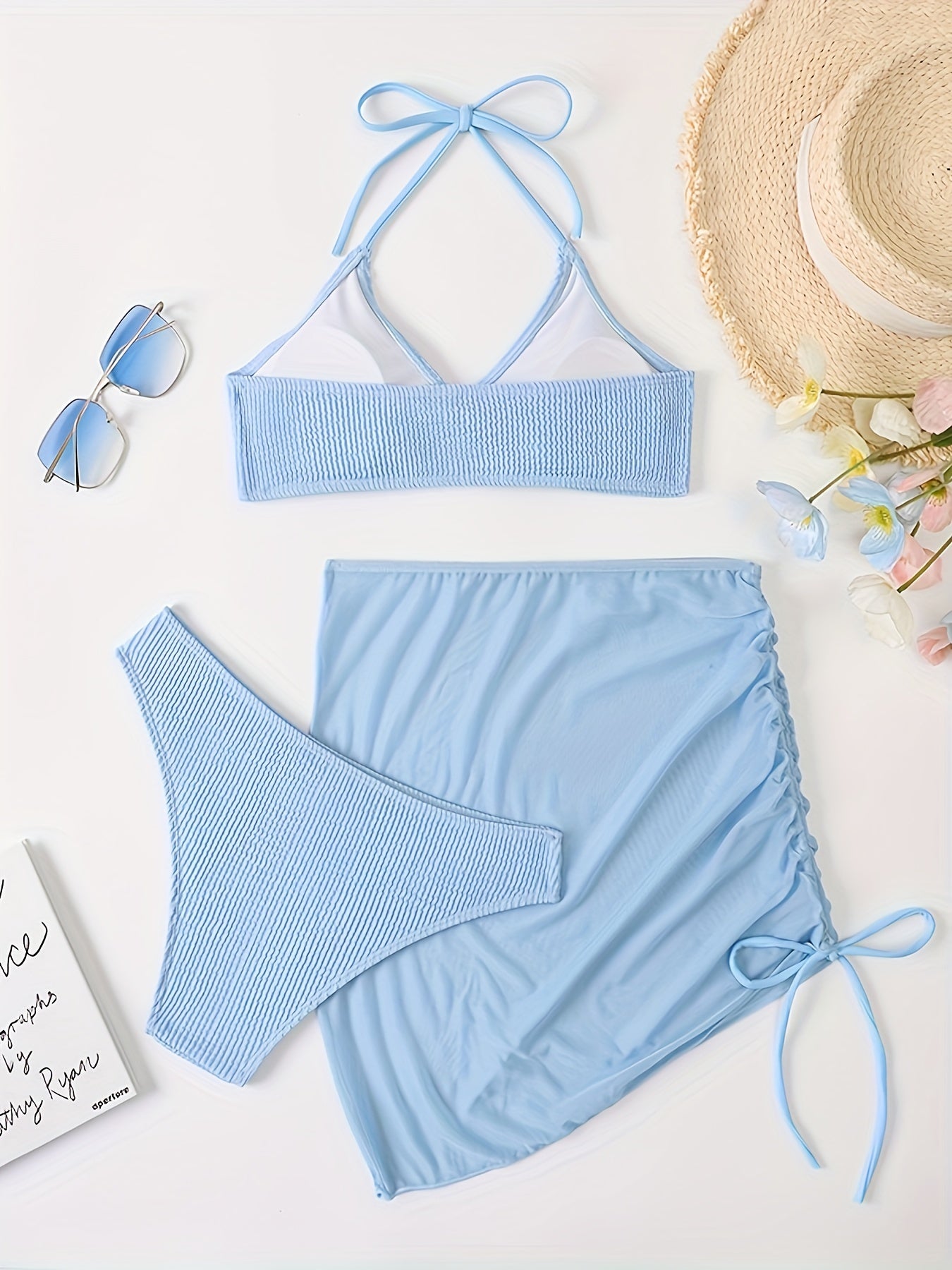 Textured Bikini Set & Lace Up Mini Skirt Swimsuit