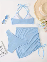 Textured Bikini Set & Lace Up Mini Skirt Swimsuit