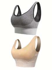 2 Pack Plus Size Striped Print Sporty Bra Set Women's Plus Stretchy