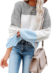 Women's Casual Crew Neck Block Long Sleeve Loose Knit Sweater