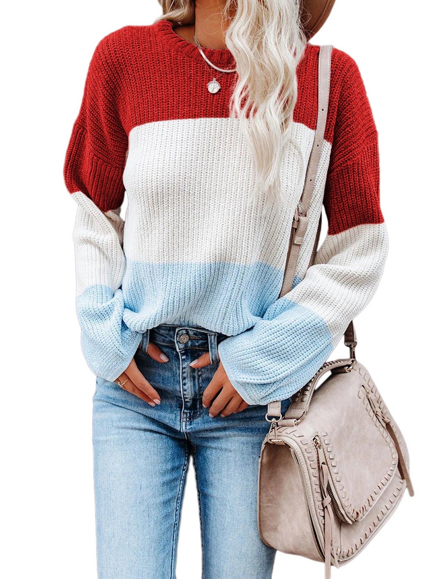 Women's Casual Crew Neck Block Long Sleeve Loose Knit Sweater