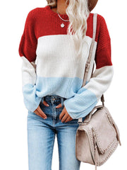 Women's Casual Crew Neck Block Long Sleeve Loose Knit Sweater