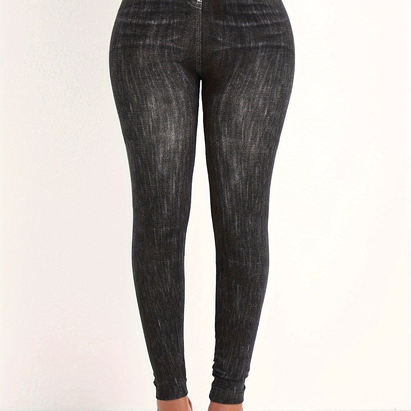 Distressed Denim Print High Rise Leggings Plus Size