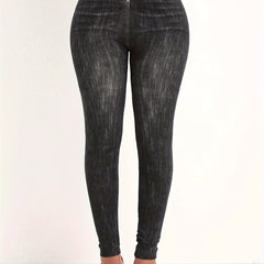 Distressed Denim Print High Rise Leggings Plus Size