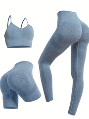 3pcs Yoga Set Sports Bra & High Waist Shorts & Leggings Suit