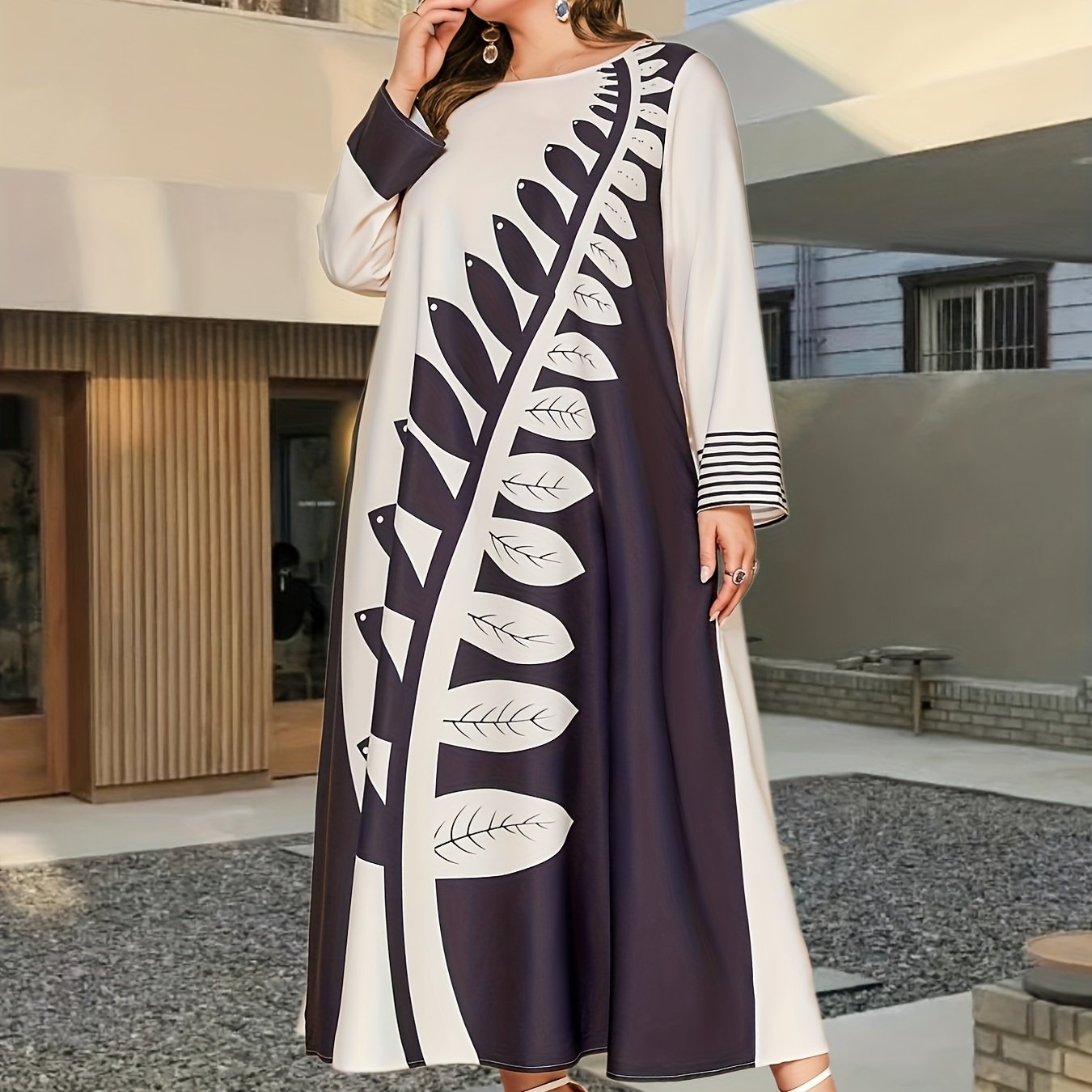 Colorblock Leaf Print Maxi Dress