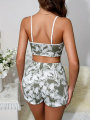 Colorblock Print Pajama Set Crew Neck Cami Top & Elastic Waistband Shorts Women
