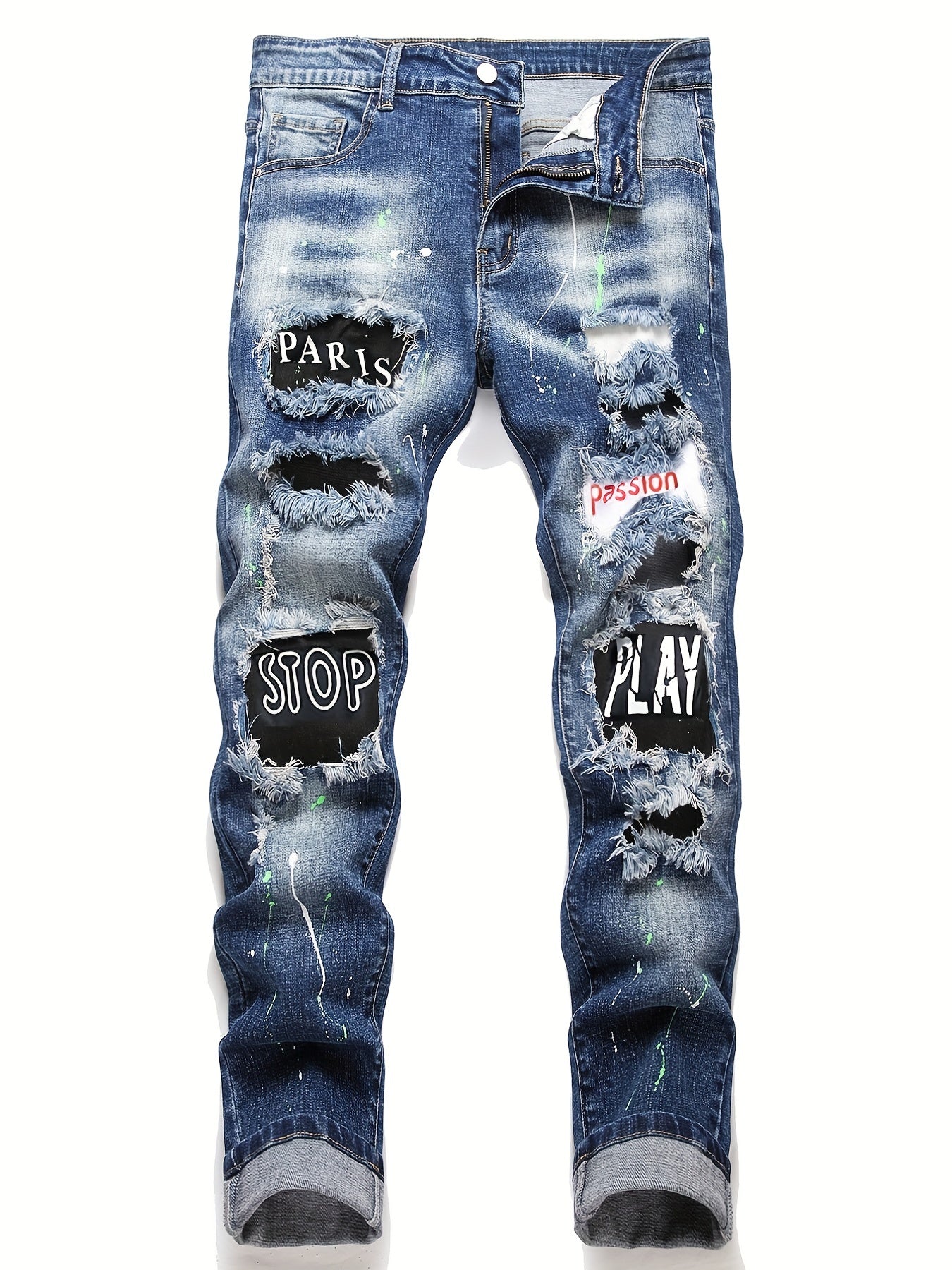 Slim Fit Patchwork Jeans High Stretch Denim Pants