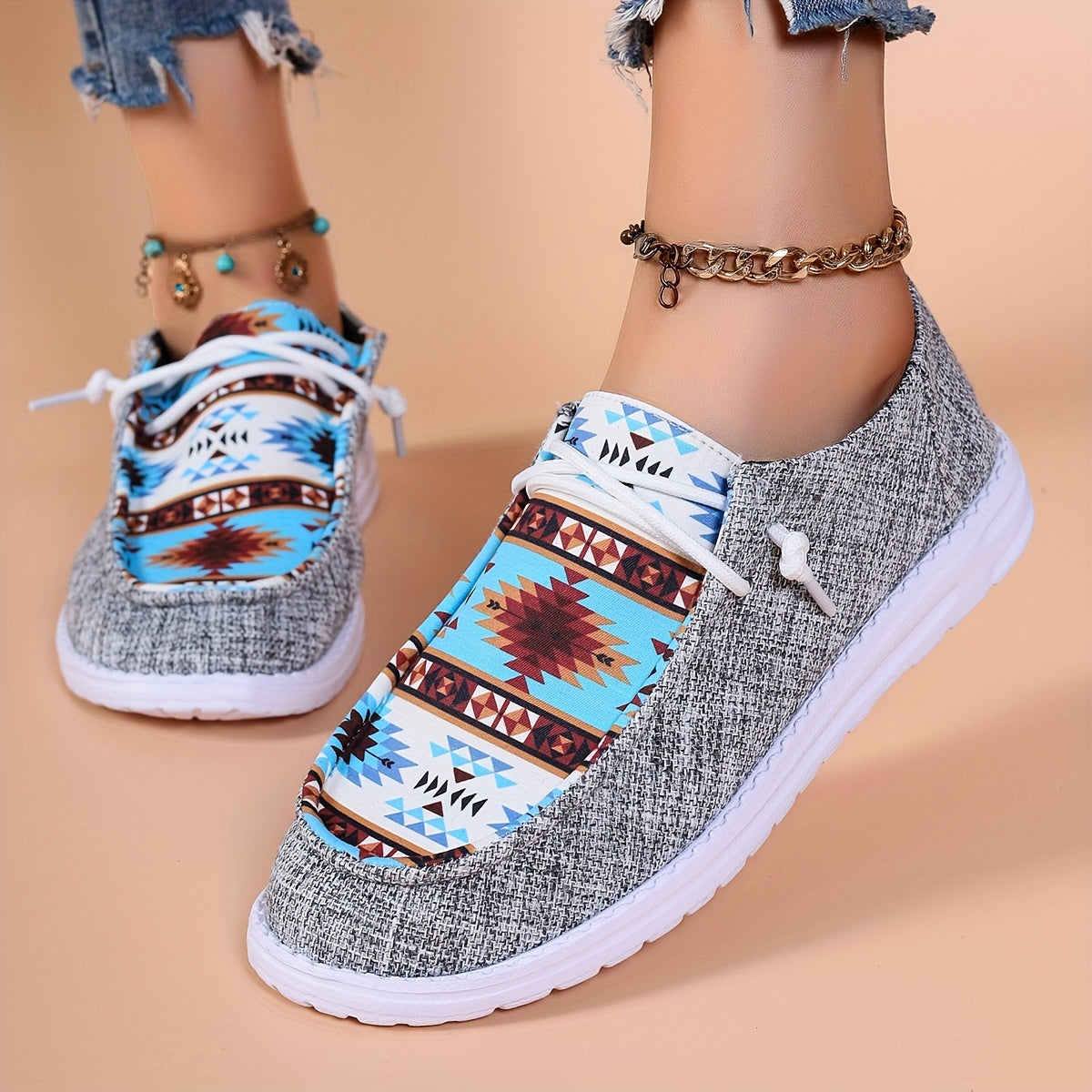 Retro Blocking Print Low Top Sneakers Lightweight Non slip Leisure Walking Shoes
