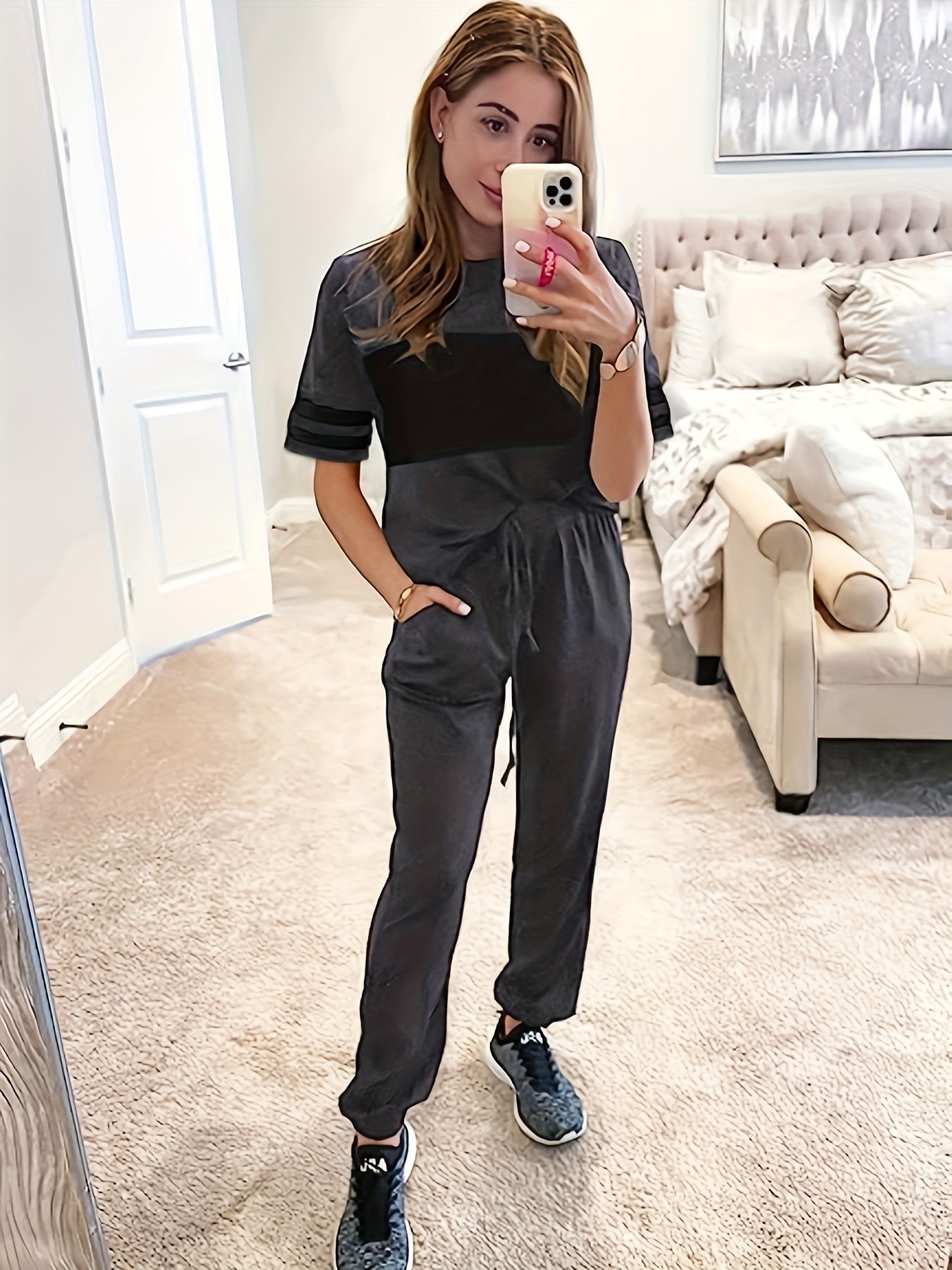 Casual Block Short Sleeve T shirt & Jogger Pants Set