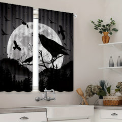 2 Panels Moon Crow Printed Curtains Rod Pocket Window Curtains