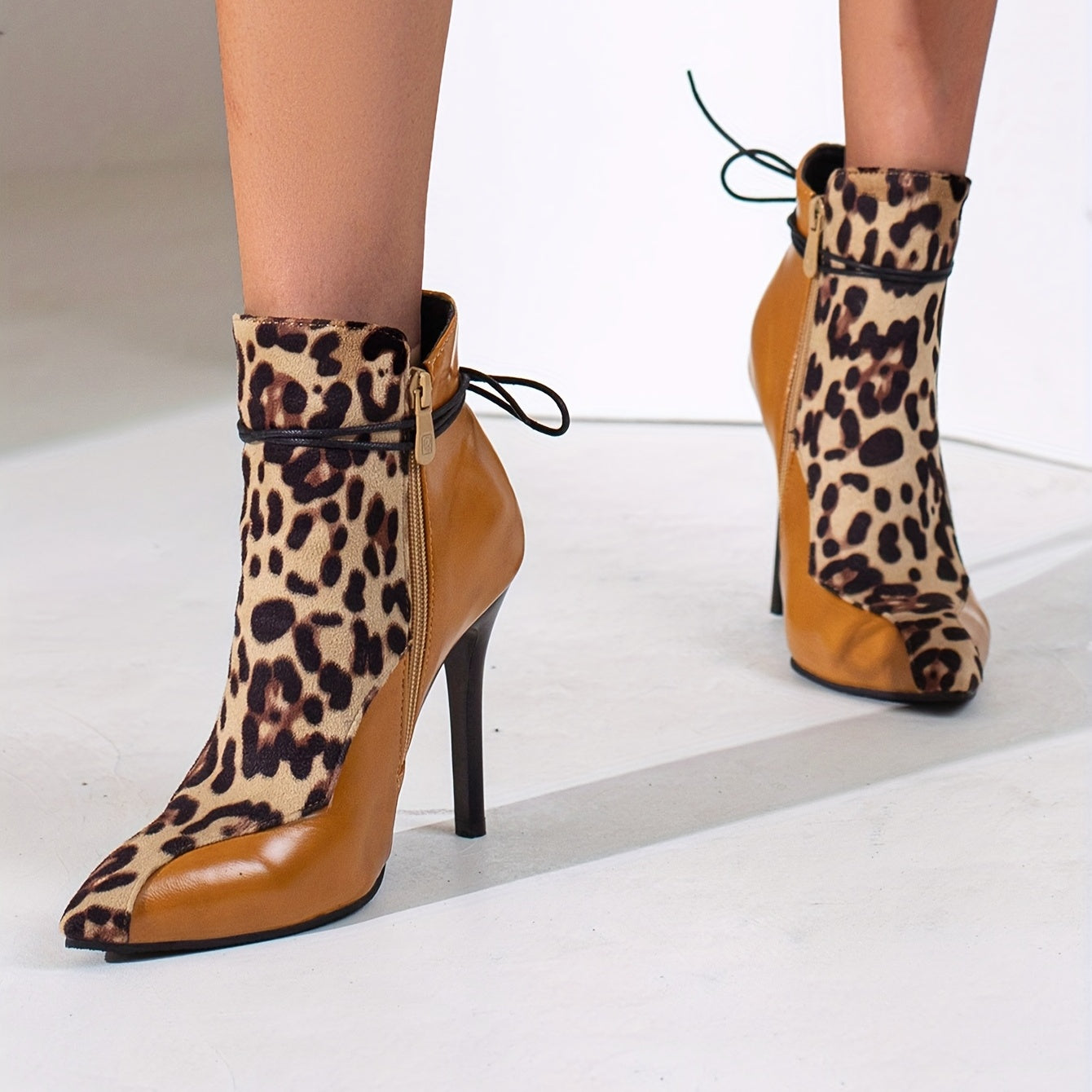 Leopard Print Stiletto Heeled Boots Lace Up Side Zipper Short Boots