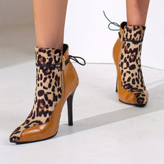 Leopard Print Stiletto Heeled Boots Lace Up Side Zipper Short Boots