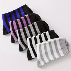 5 Pairs Striped Crew Socks Comfy & Breathable Women's Mid Tube Stockings