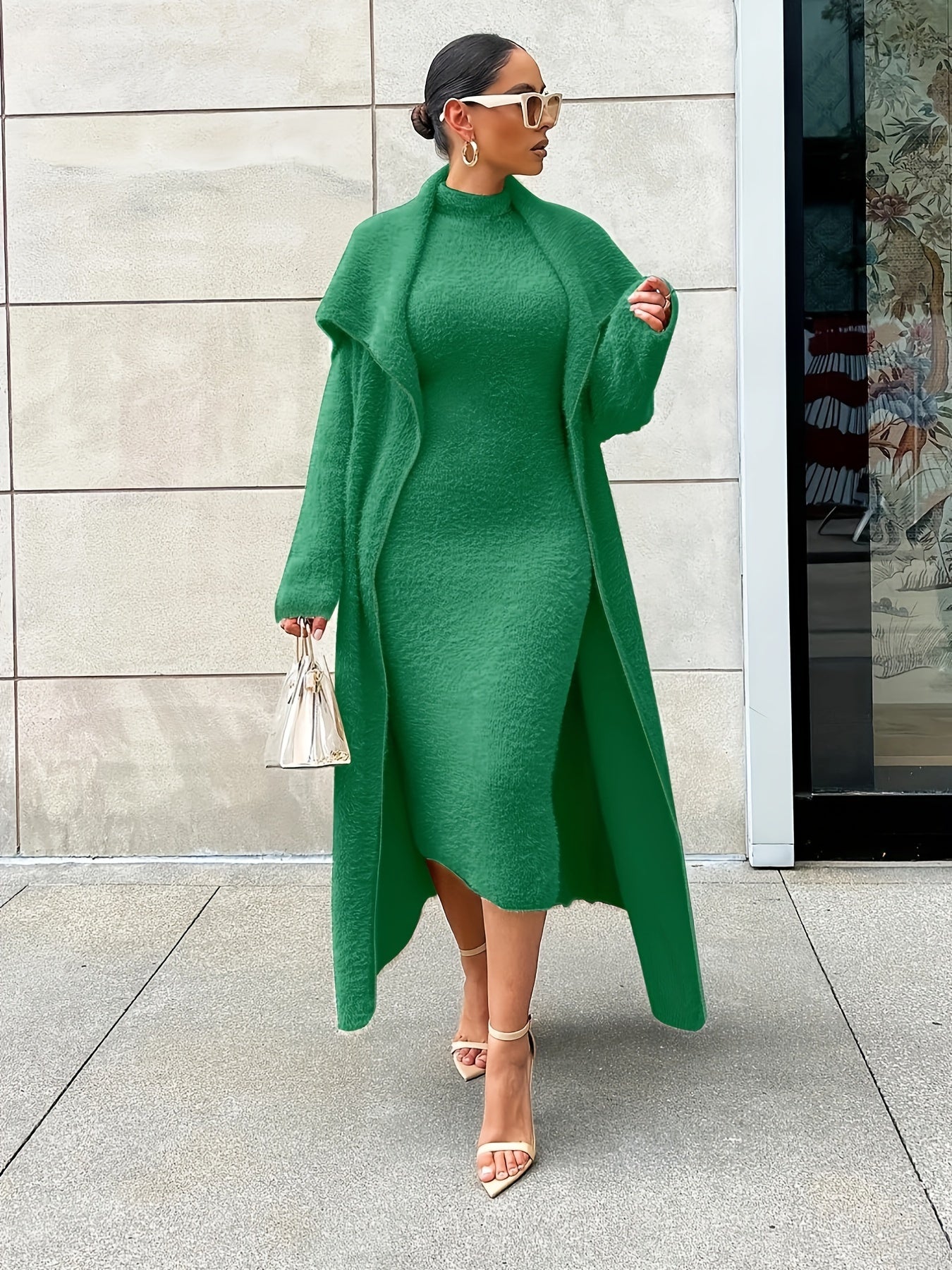 Solid Flannel Cardigan & Midi Dress Set