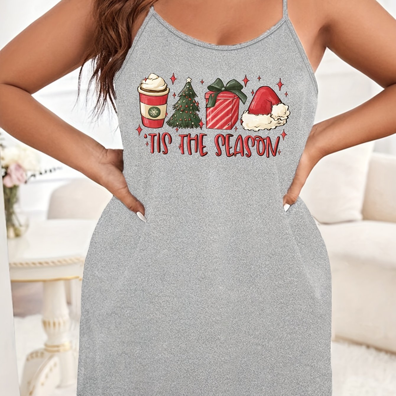 Plus Size Christmas Sexy Nightdress with Hat & Tree Print Cami Sleep Dress