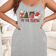 Plus Size Christmas Sexy Nightdress with Hat & Tree Print Cami Sleep Dress