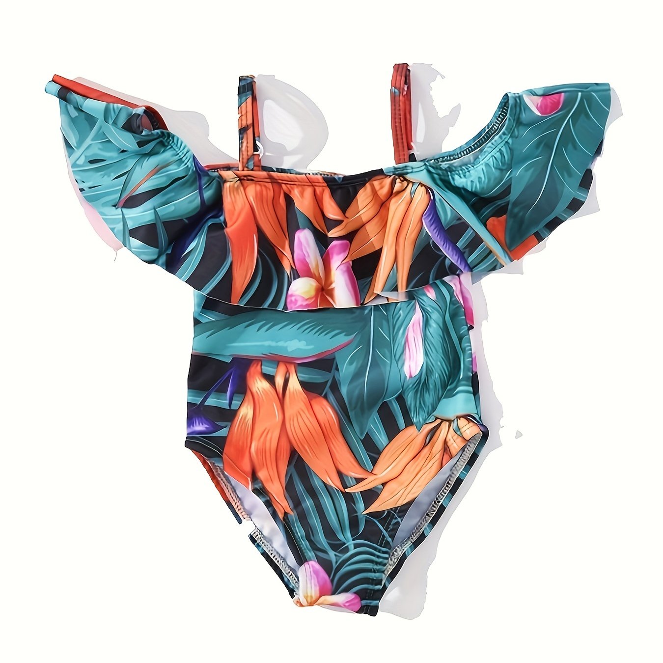 Baby Girls Plant Print Off Shoulder Swimsuit for Summer