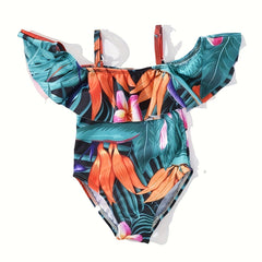 Baby Girls Plant Print Off Shoulder Swimsuit for Summer