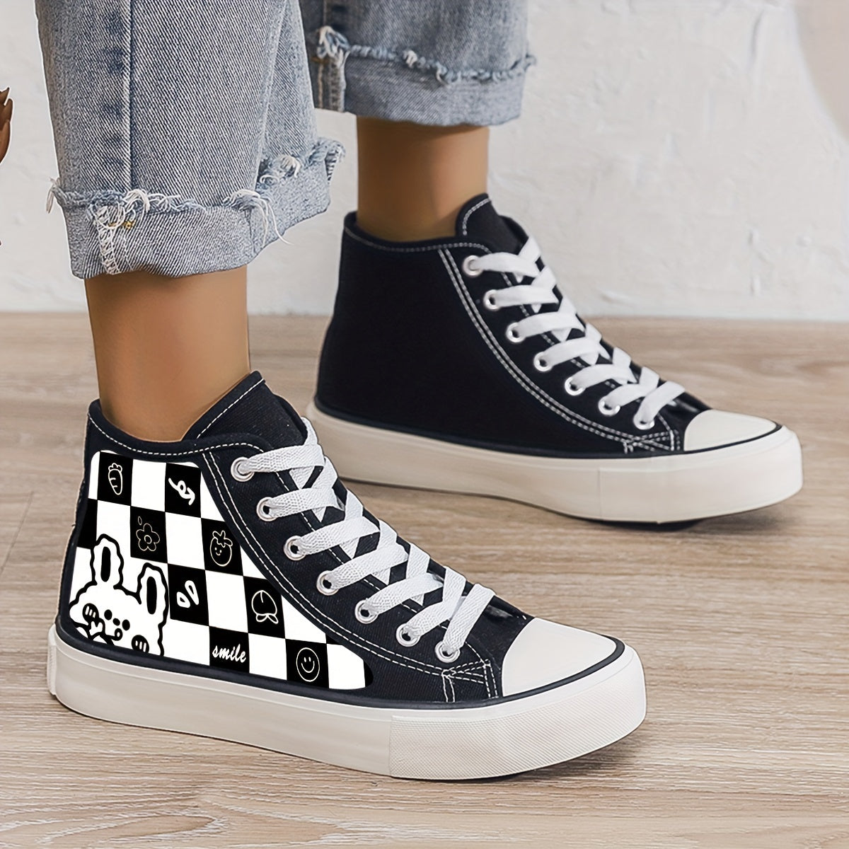 Bunny Print Plush Lined Thermal Canvas Sneakers High Top