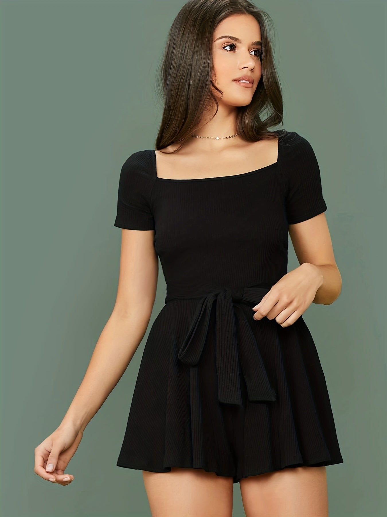 Solid Square Knit Romper Jumpsuit Casual Tie Waist Romper Jumpsuit