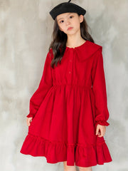Comfy Cotton Button Long Sleeve Collar Dress Girls' Dress For Party Fall Winter