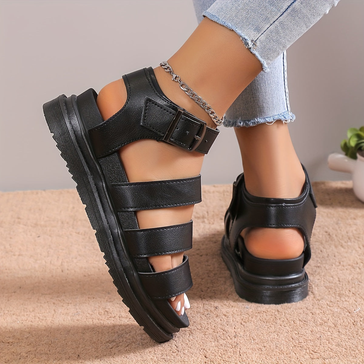 Women's Platform Roman Sandals Ankle Buckle Strap Shoes
