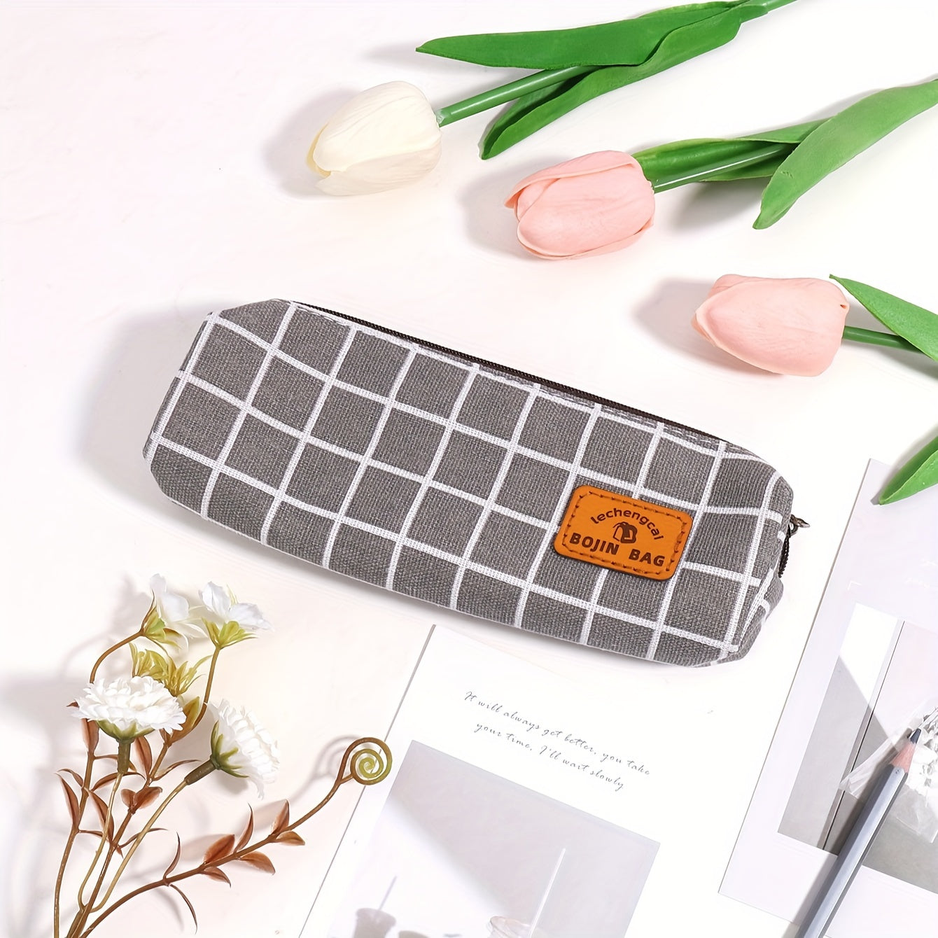 Checkerboard Plaid Canvas Pencil Case Daily Stationery Storage Portable Pen Bag