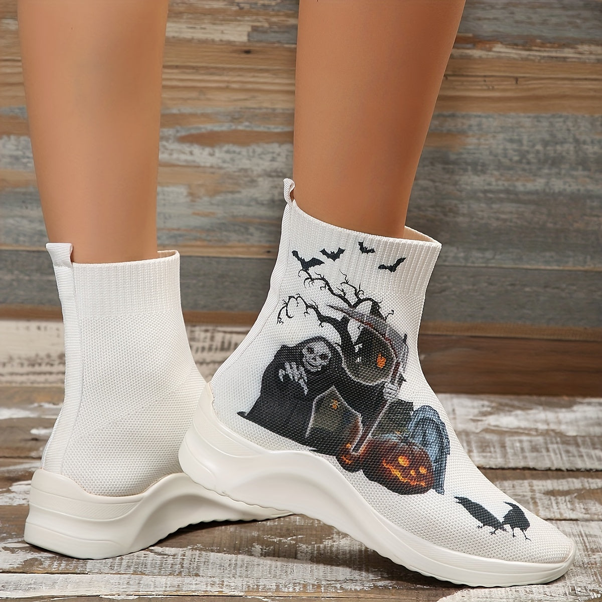Halloween High Top Sock Boots Ghost Face Print Ankle Boots
