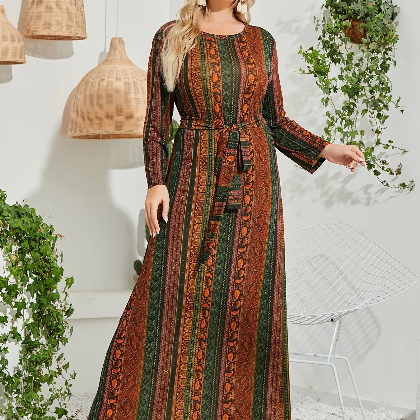 Boho Dress Paisley Print Long Sleeve Round Neck Maxi Dress