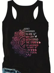 Plus Size Casual Tank Top Women's Plus Slogan & Floral Print Round Neck