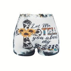 Letter & Flower Cross Print Skinny Shorts