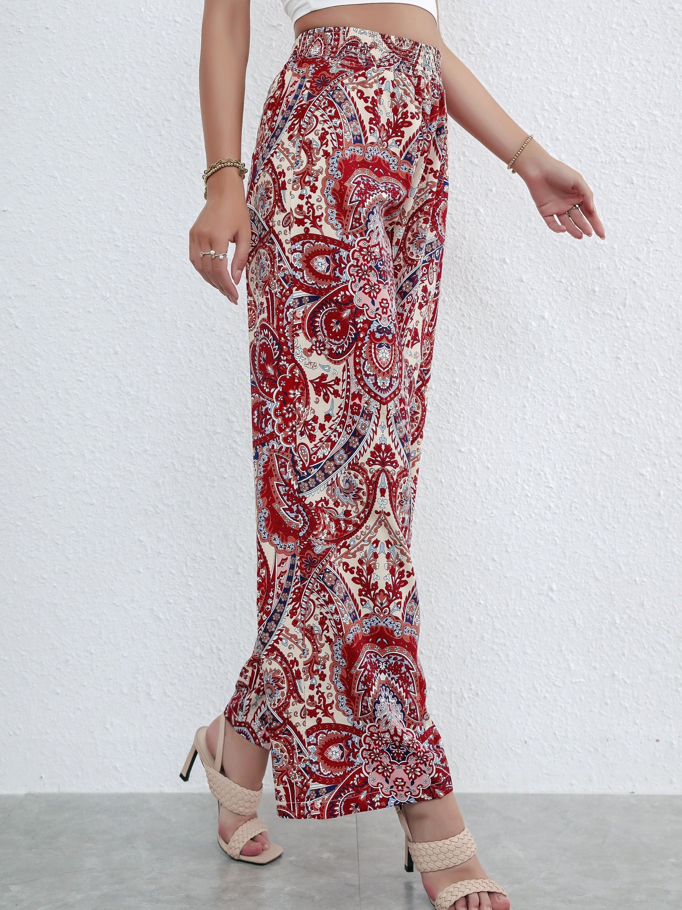 Boho Paisley Print Wide Leg Pants with Shirred Waist