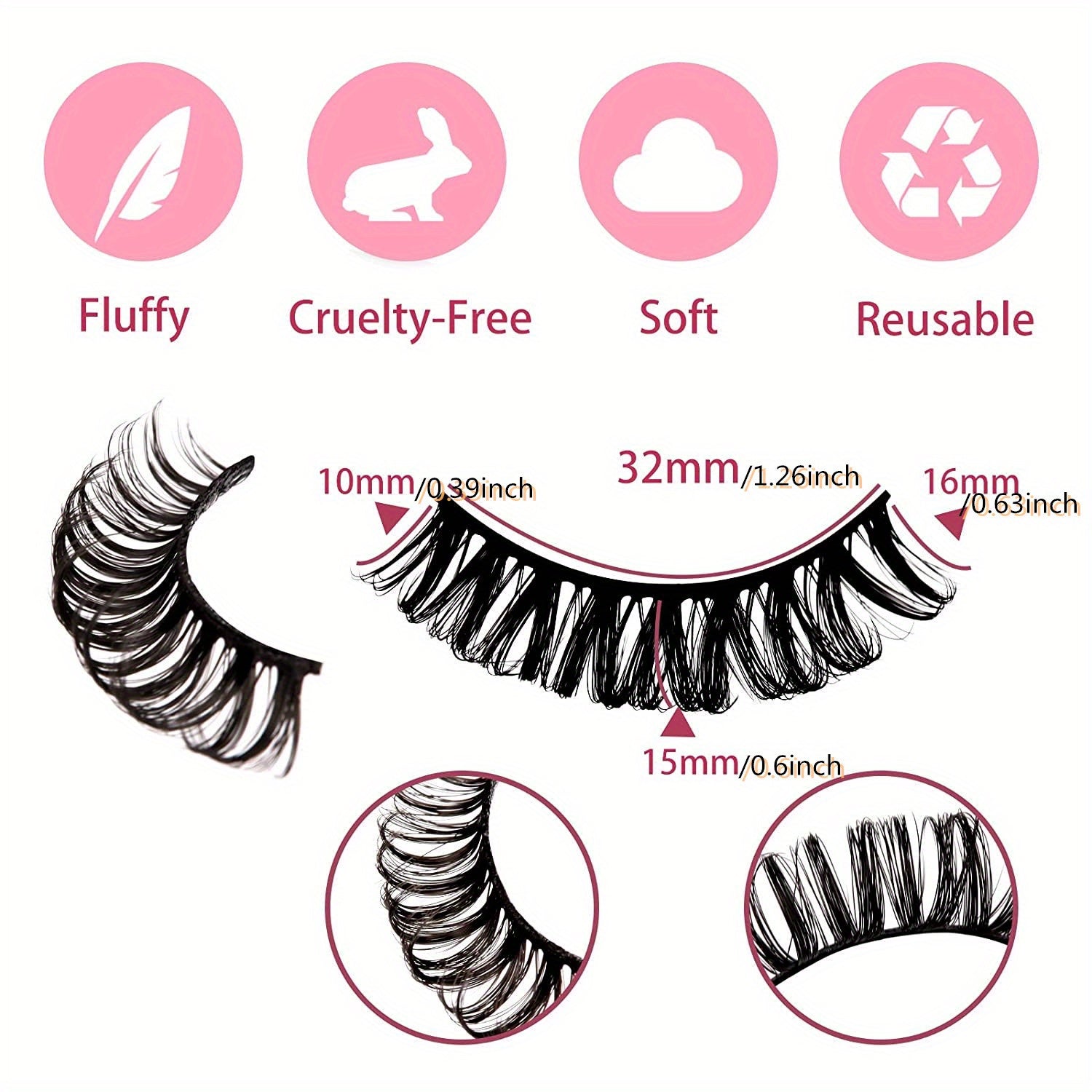 Faux Mink Hair False Eyelashes Little Devil 16mm Natural Look 10 Pairs