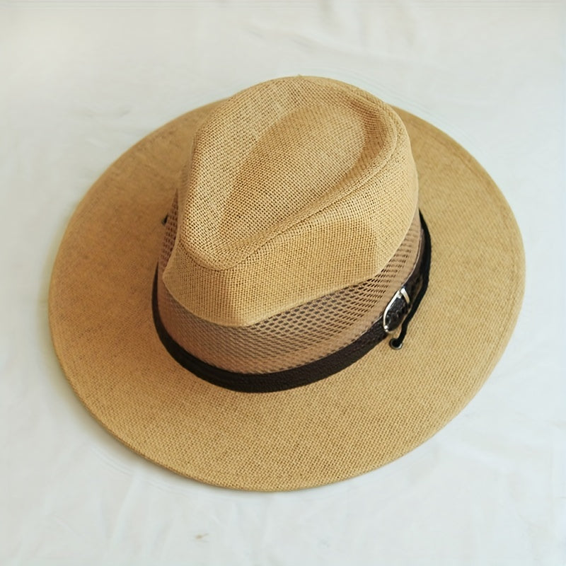 Mesh Hollow Fedora Sun Hat Wide Brim Cowboy Straw Jazz Hat