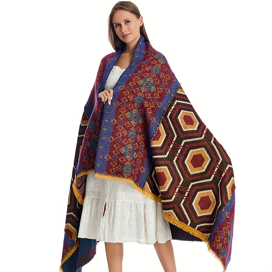 Thick Warm Shawl National Geometric Pattern Blanket Outdoor Cape