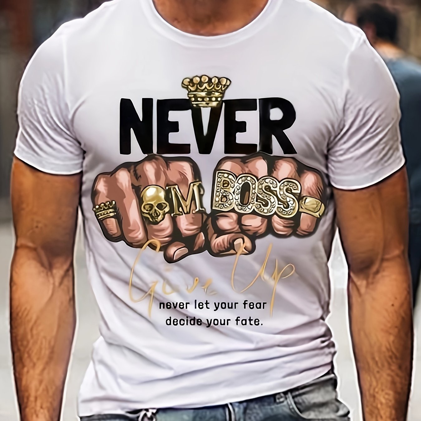 Never Give Up Pattern Print Men's Short Sleeve Comfy T shirt
