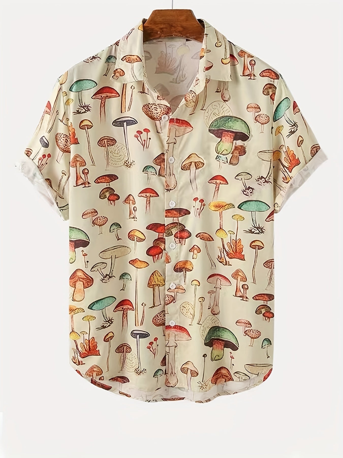 Men's Mushroom Print Casual Button-Up Shirt for Spring/Summer