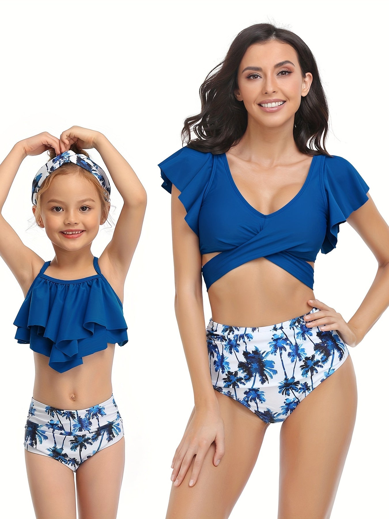 Mom & Daughter Matching Bikini Swimsuit Set Tropical Plant Print Ruffle