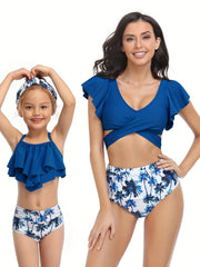Mom & Daughter Matching Bikini Swimsuit Set Tropical Plant Print Ruffle