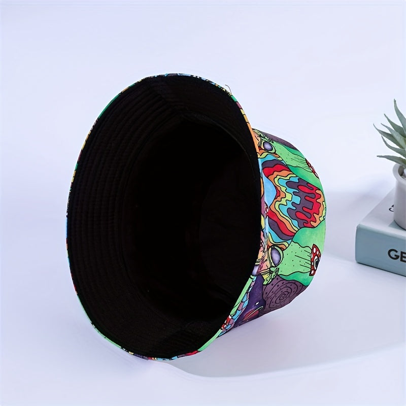 Unisex Green Sunshade Bucket Hat With Graffiti