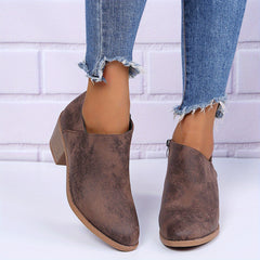 Women's Block Heel Ankle Boots Round Toe Side Zip V-cut Retro Short Boots