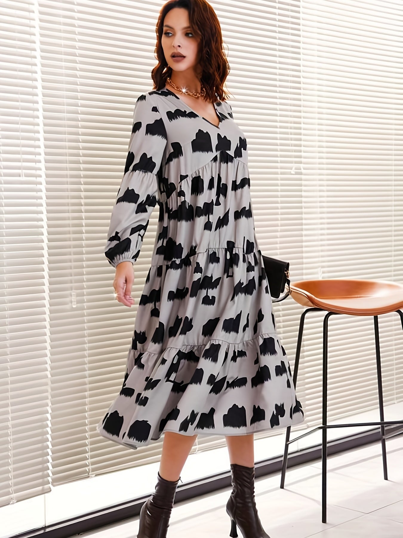 Tiered Allover Print Long Sleeve Midi Dress