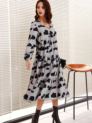 Tiered Allover Print Long Sleeve Midi Dress