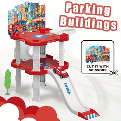 17pcs Red Fire Building Set with Car and Tree, City Parking Garage Toy