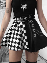 Goth Mini Skirt Half Checkered Print Short Skirt Without Belt