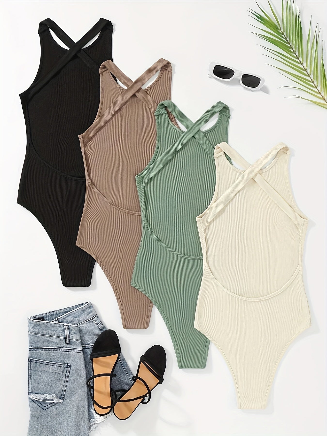 Solid Crew Neck Bodysuit 4 Pack Sleeveless Cross Back - Women's Clothing