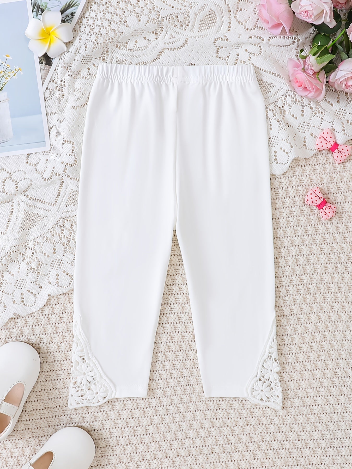 Girls Stretch Soft Leggings Lace Patchwork Elastic Waist Cropped Pants