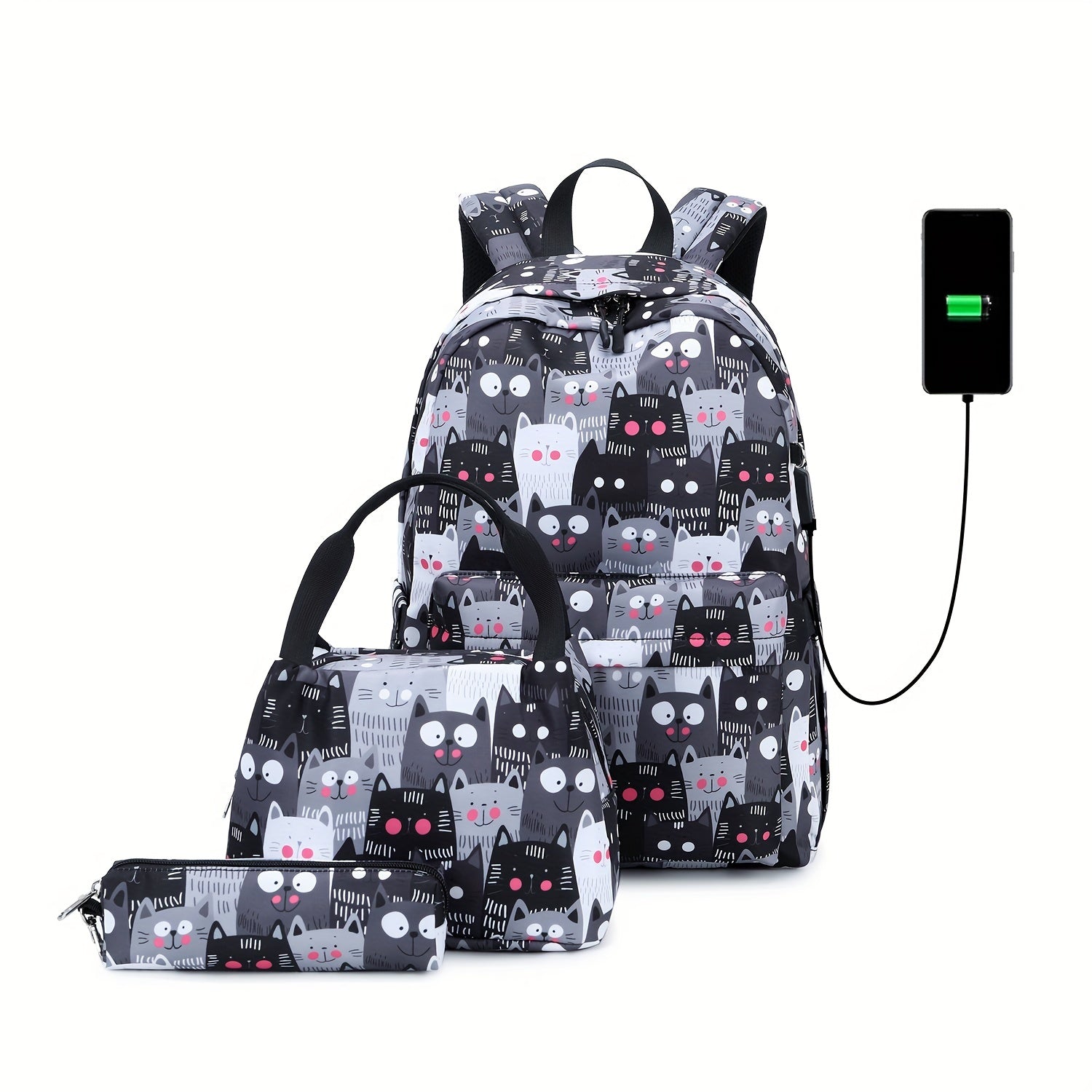 Kids Kitten Backpack with USB Charging Port - 3pc Set