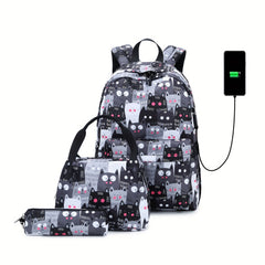 Kids Kitten Backpack with USB Charging Port - 3pc Set